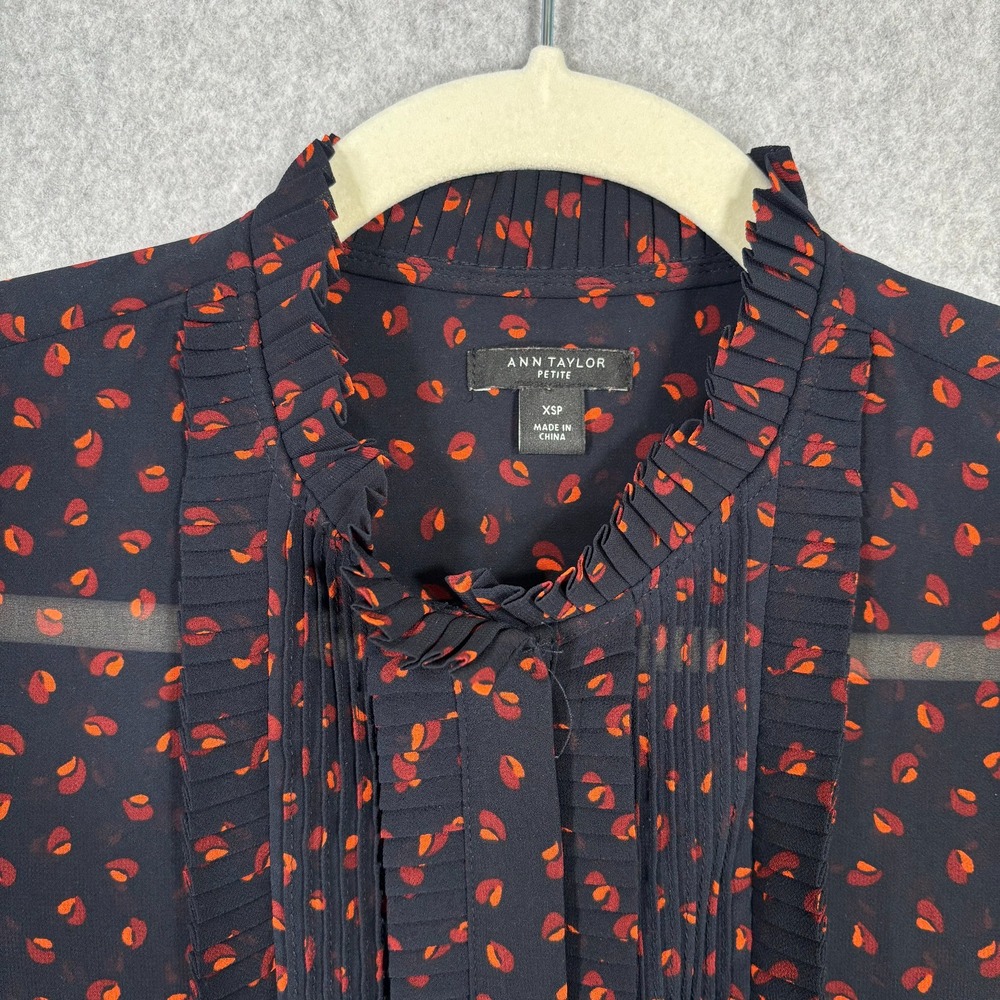 Ann Taylor Sheer Blouse XSP Navy Ruffle Tuxedo Dark Maximalist Feminine Romantic - Picture 6 of 11